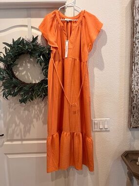 Bright Orange Tiered Midi Dress